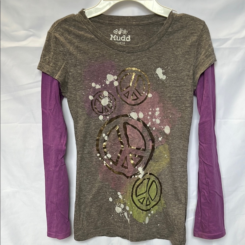 Mudd Brown and Purple Long Sleeve Peace Sign Shirt